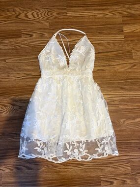 Lace Bridal Summer Dress. Ivory Floral Lace Halter Mini Dress